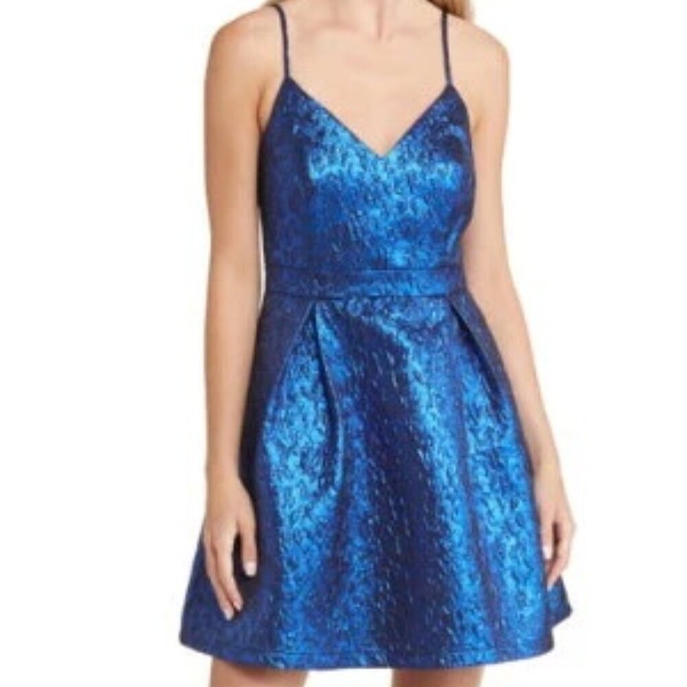 Lulus Spin the Night Metallic Jacquard Minidress in Blue